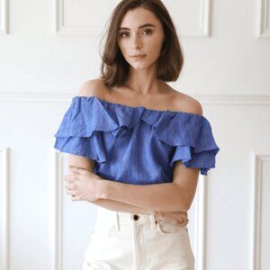Mille Beja Off-Shoulder Ruffled Linen Top Blue Stripe XS